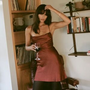 Whimsy + Row Copper Satin Cowl Neck Mini Dress